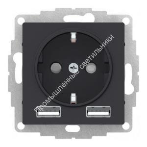 Розетка СП Atlas б/р з.к.+2 USB A+A, 5В/2,4А, 2х5В/1,2А КАРБОН ATN001030 1