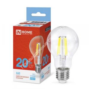 Лампа A60 deco 20W/6500K/E27/1890Lm прозрачная IN HOME (10/50) 1