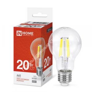 Лампа A60 deco 20W/4000K/E27/1890Lm прозрачная IN HOME (10/50) 1