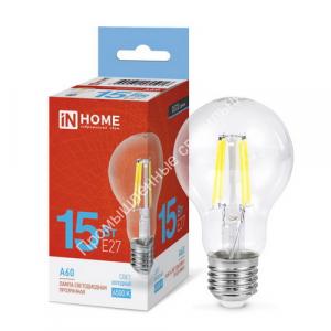 Лампа A60 deco 15W/6500K/E27/1480Lm прозрачная IN HOME (10/50) 1